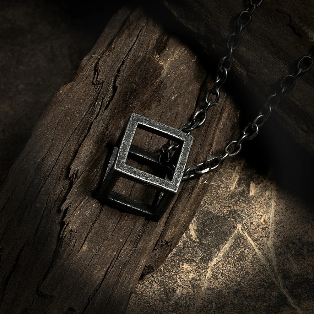 MKENDN Punk Style Vintage Oxidized Black Stainless Steel Openwork Rubik's Cube Pendant Link Chain Necklace For Men Jewelry Gift