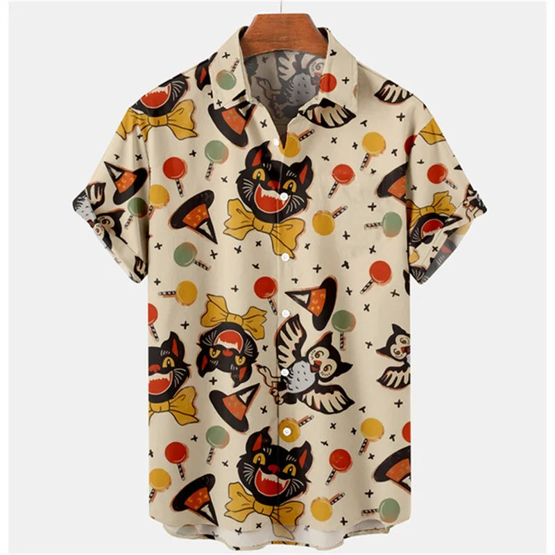 Camisa vintage para hombre con estampado 3D de cabeza de calabaza de Halloween, ropa para hombre, camisa hawaiana informal de verano para playa hawaiana, camisa hawaiana de vacaciones