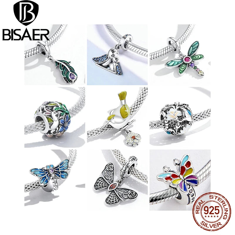 BISAER 925 Sterling Silver Flower Bird Series Charm Bee Bead Sunflower Garden Pendant For Women Bracelets DIY Fine Jewelry Gift