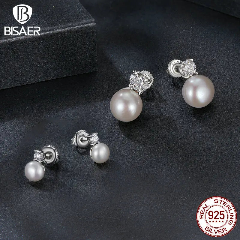 BISAER Moissanite 925 Sterling Silver Pearl Stud Earrings Elegant Women 0.5CT VVS1 Clarity Lab Created Diamond Wedding Jewelry