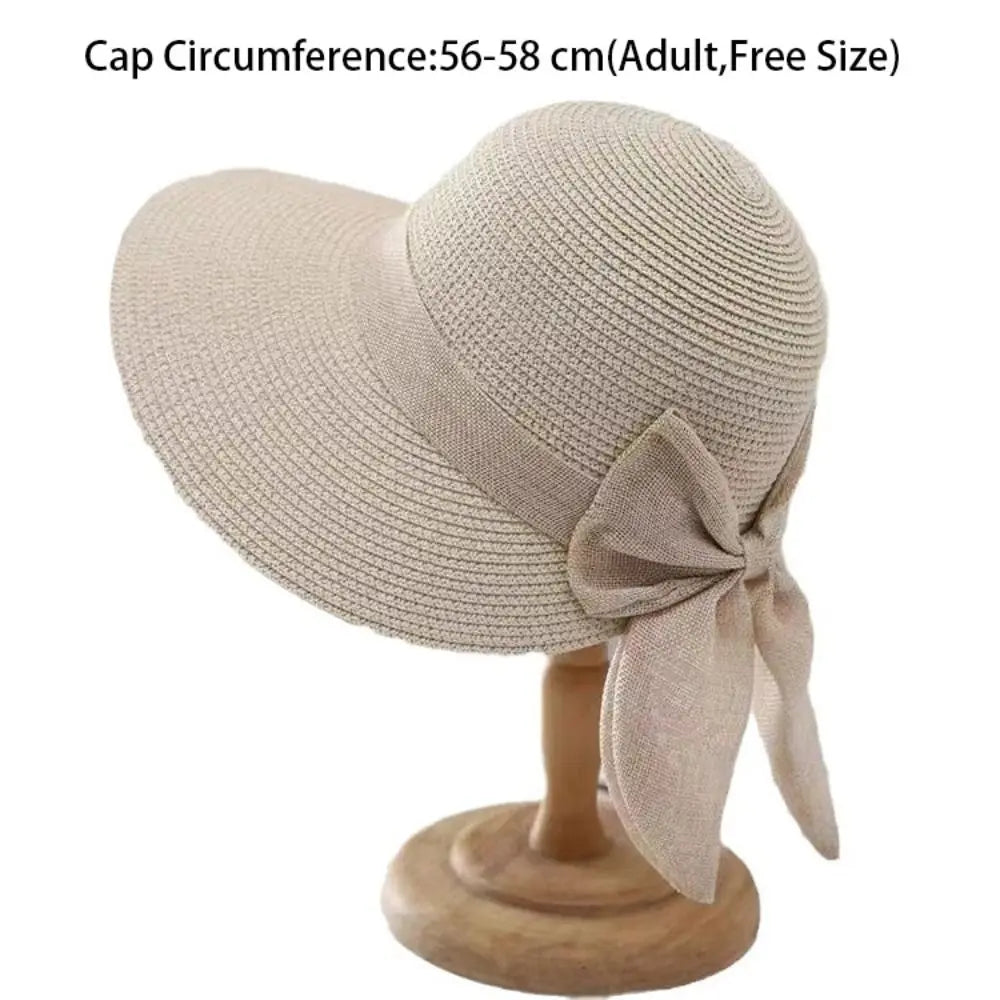 Bowknot Sun Hat Summer Breathable Wide Brim Beach Cap UV Protection Casual Straw Hat for Women