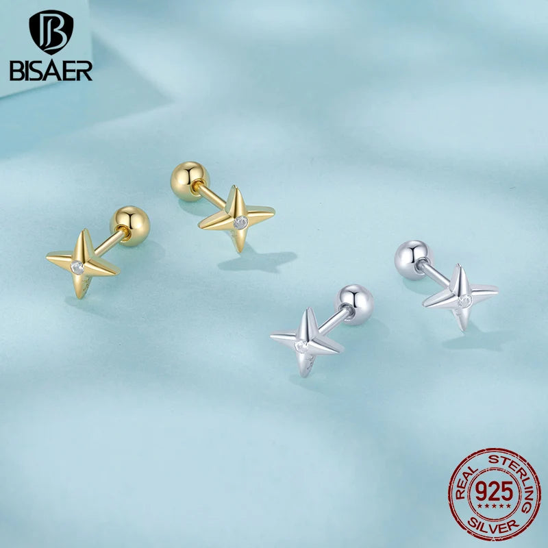 BISAER 925 Sterling Silver Mini Star Stud Earrings Zircon Hypoallergenic Earrings 18K Plated Gold for Women Party Fine Jewelry