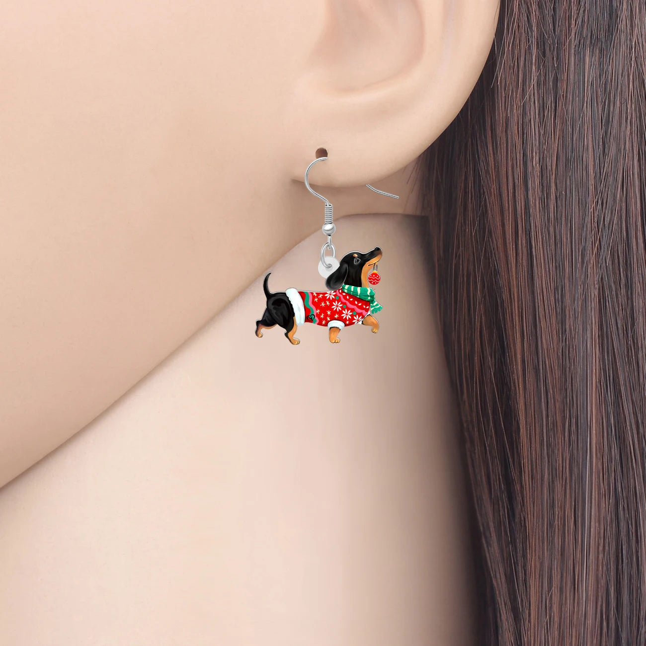 BONSNY Acrylic Funny Christmas Puppy Earrings Dachshund Dog Drop Dangle Jewelry For Women Kid Pets Gifts Decor