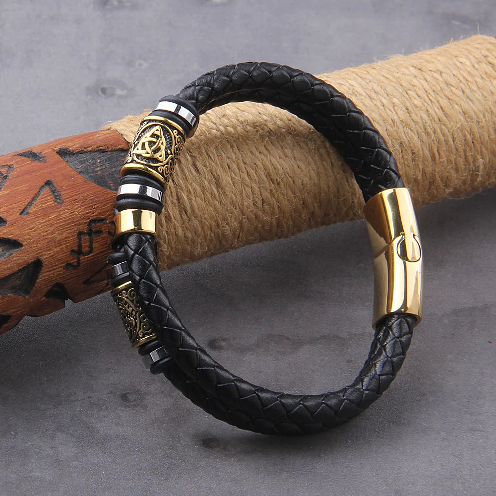 Bracelet en cuir véritable style punk pour homme, style viking, tressé, multicouches, en acier inoxydable, runes nordiques, perles, bijoux pour couple, cadeau