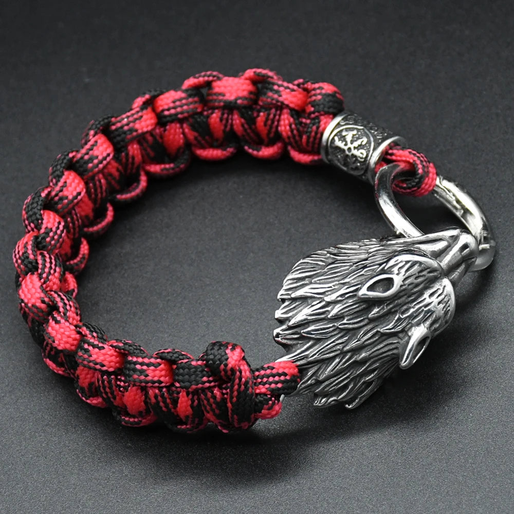 Norse Runs Beads Bracelets Men Viking Stainless Steel Odin's Wolf Paracord Rope Bangles Handmade Outdoor Jewelry