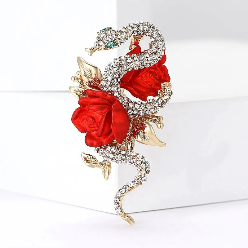 Wuli&baby Luxury Rose-flower And Snake Brooches For Women 2-color Shining Year Of Snake Brooch Pins Party Gifts