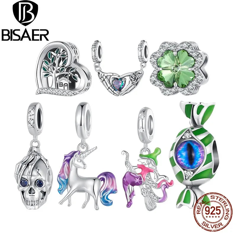 BISAER 100% 925 Sterling Silver Skeleton Double Hoop Heart Charm Bead Candy Witch Pendant Fit Woman Halloween Party DIY Bracelet