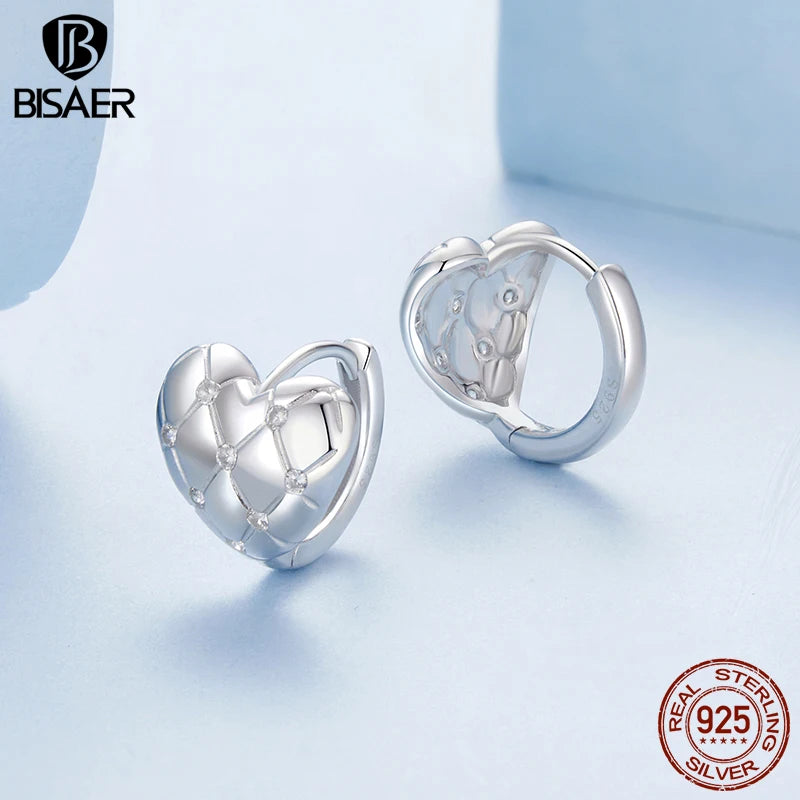 BISAER 925 Sterling Silver Quilting Hoop Earrinngs Heart Stud Earrings Plated White Gold for Romantic Women Party Fine Jewelry