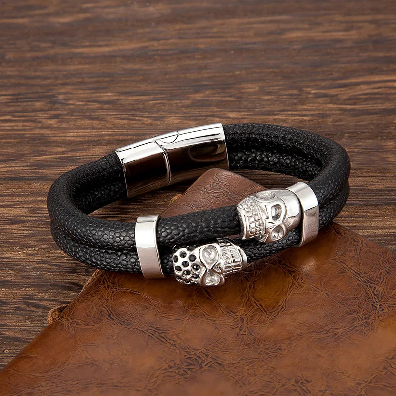 MKENDN Gothic Style Men Vintage Devil Fish Skin Leather Bracelet Double Skull Pave CZ Bracelets Handmade Jewelry Pulseras