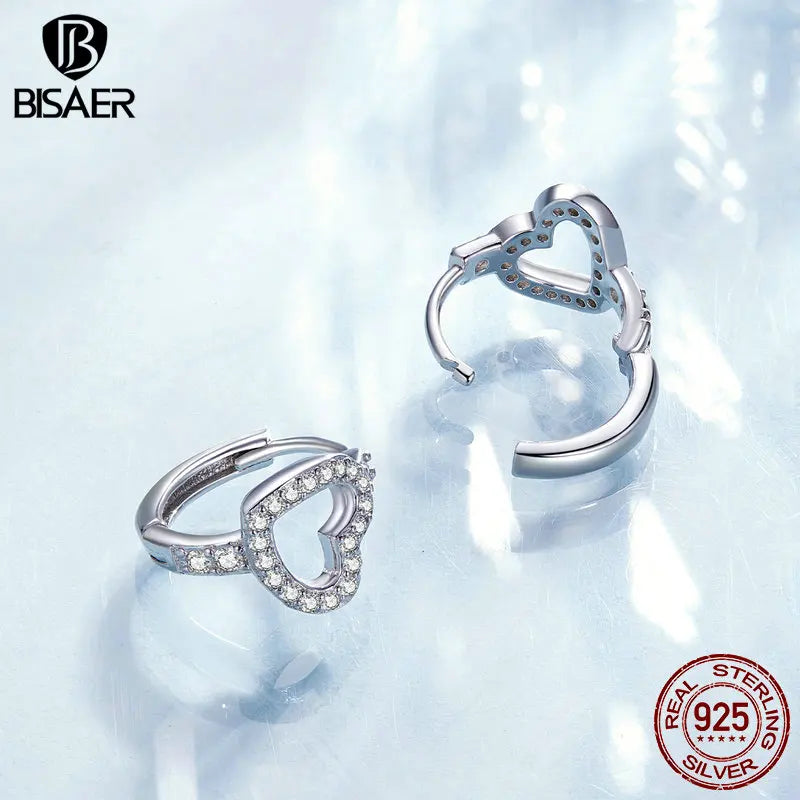 BISAER 925 Sterling Silver Shining Heart Hoop Earrings Pavé Setting Zircon Plated Platinum Fine Jewelry for Women Wedding Gift