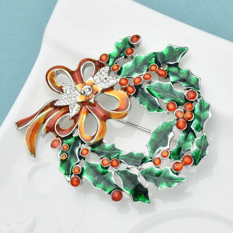 Wuli&baby Christmas Wreath Brooches Enamel Rhinestone Beauty New Year Garland Flower Party Brooch Pin Gifts