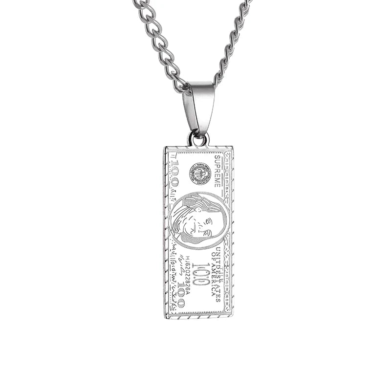 Collier pendentif en acier inoxydable avec billet de 100 dollars pour homme et femme, bijou tendance et porte-bonheur, cadeau exquis