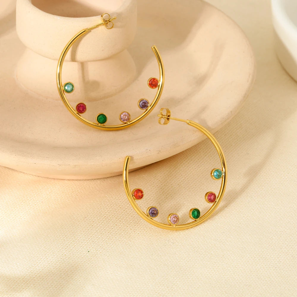 New 16K Gold Plated Stainless Steel Post Cubic Zirconia Hoop Earrings for Women Delicate C Shaped Studs Jewelry Gift