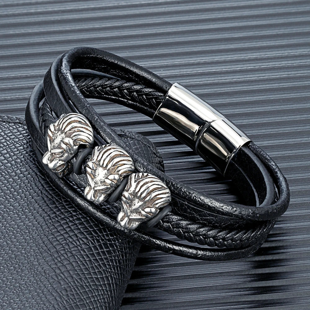 MKENDN Fashion Stainless Steel Charm Magnetic Black Genuine Leather Braided Bracelet 18k Plated Leo Lion Cuff Wristband Jewelry