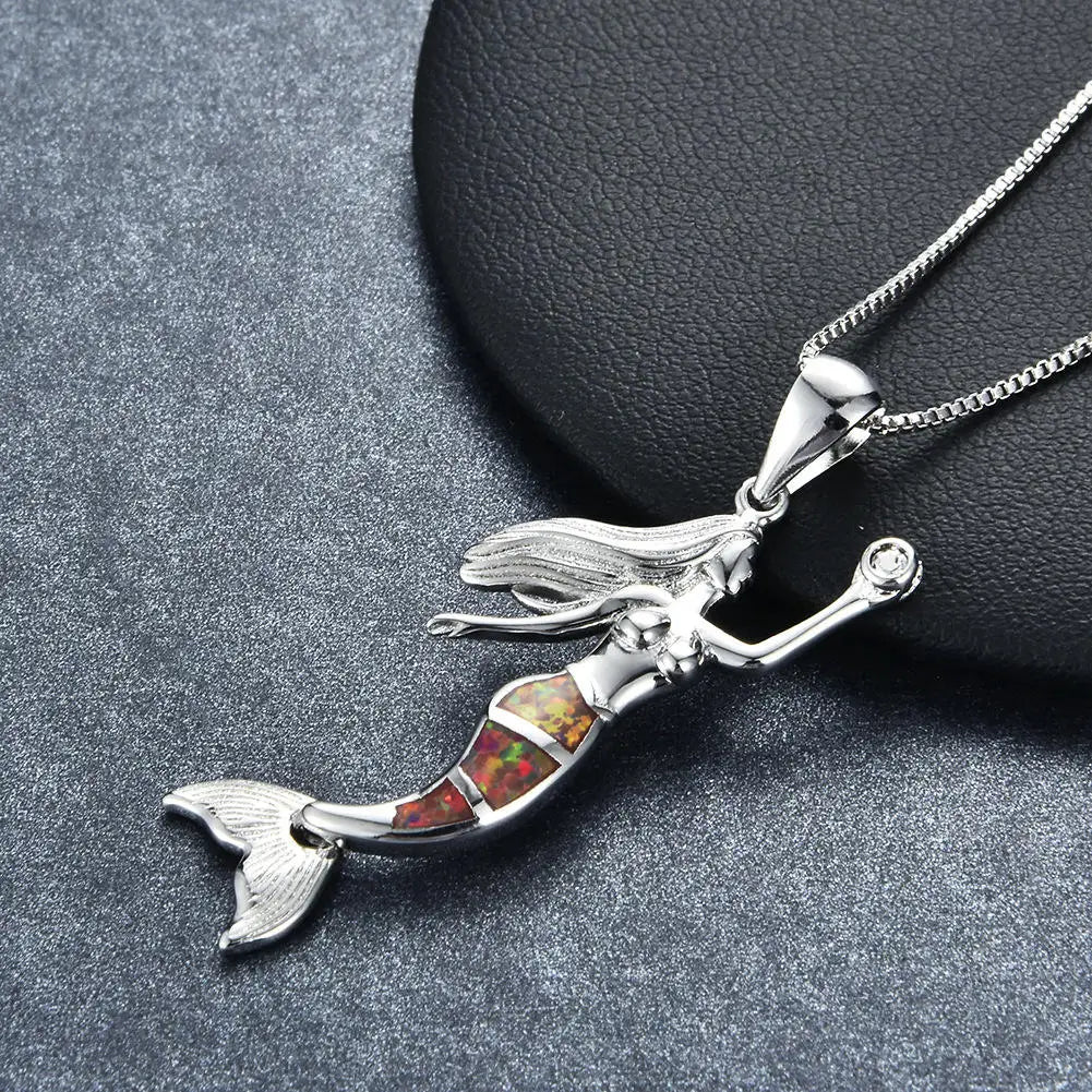 New Hawaiian Island Opal Mermaid Pendant Necklace For Teen Girls Fashion Jewelry Long Chain Necklace