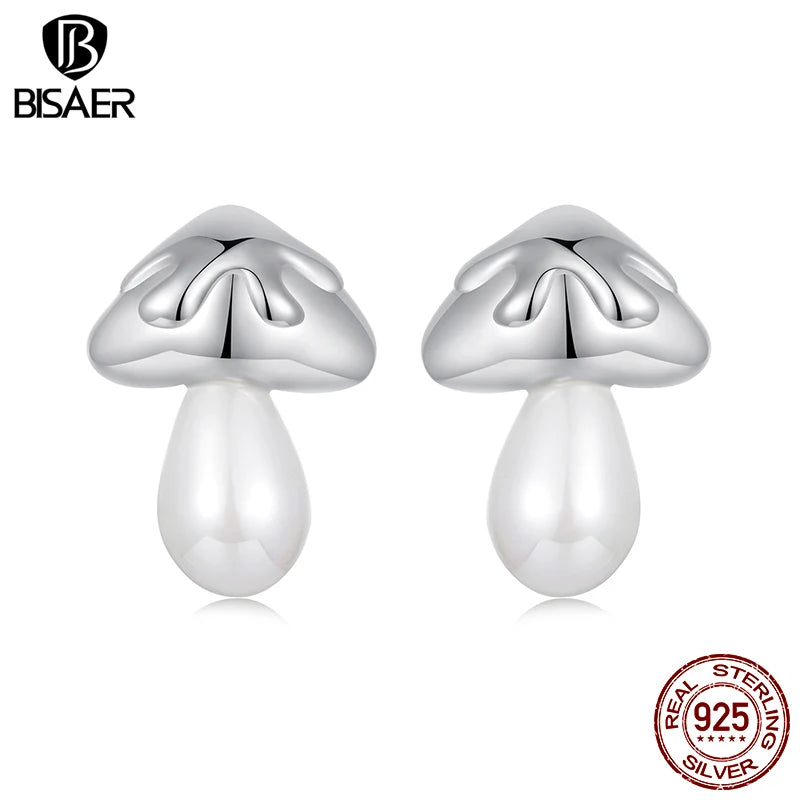 BISAER 100% 925 Sterling Silver Cute Mushroom Stud Earrings Pearl Stud Ear Plated White Gold For Women Party Fine Jewelry Gift