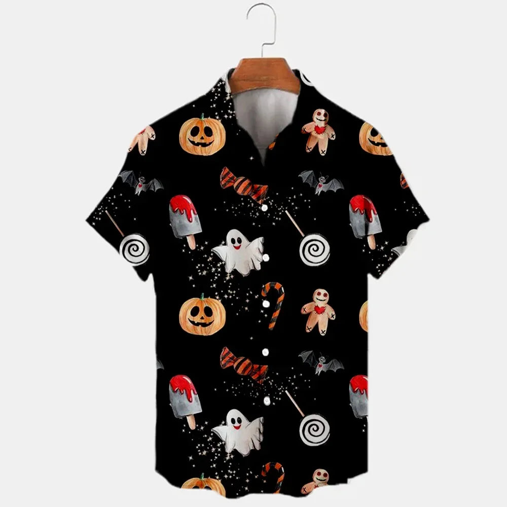 Miniso New Halloween Collection Disney Brand Mickey Anime 3D Printed Men's Lapel Short Sleeve Slim Fit Hawaiian Shirt Y2k