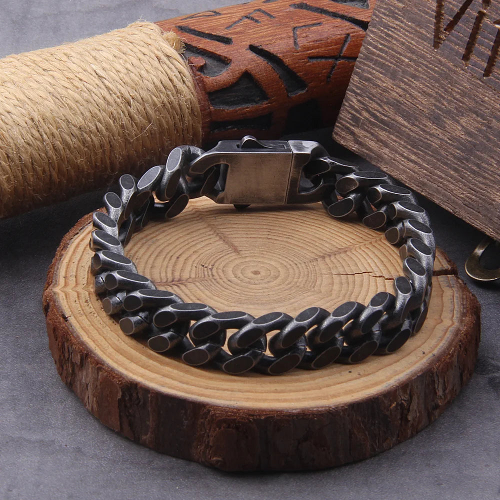 Pulsera vintage negra para hombre, de acero inoxidable, con cadena de eslabones cubanos, estilo hip hop, hecha a mano, joyería al por mayor con caja como regalo para hombre