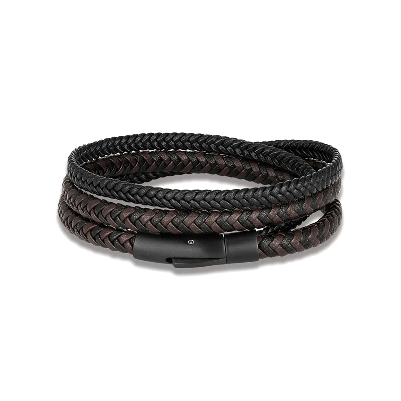 Bracelet en cuir double couche pour homme de style simple, bouton en acier inoxydable noir mat, accessoires, bijoux tissés à la main, cadeaux