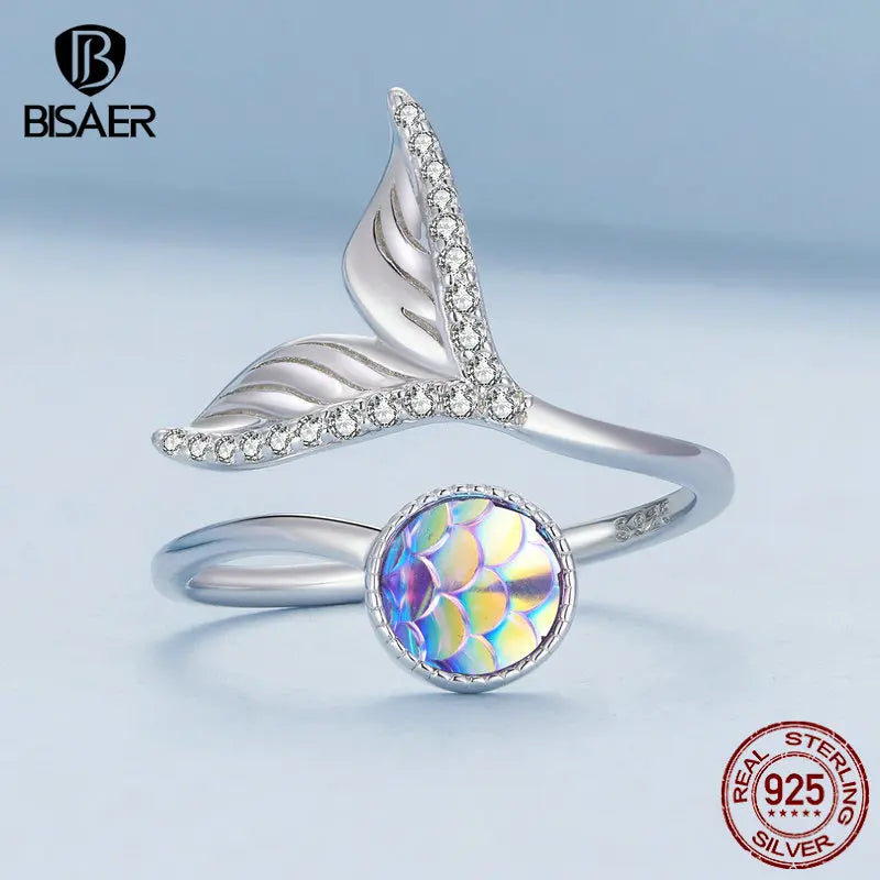 BISAER 925 Sterling Silver Mermaid Fishtail Open Ring Colorful Fish Scales Adjustable Band for Women Beach Party Fine Jewelry