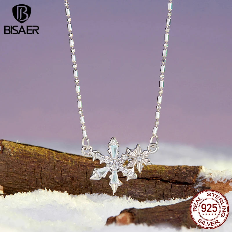 BISAER 925 Sterling Silver Ice Flower Pendant Necklace Sparkling CZ Adjustable Chain Plated White Gold for Woman Fine Jewelry