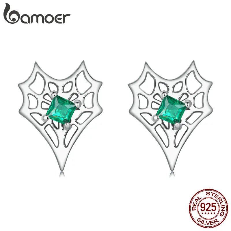 BAMOER Solid 925 Sterling Silver Halloween Spider Web Earrings for Women Hypoallergenic Stud Earrings Birthday Jewelry Gift