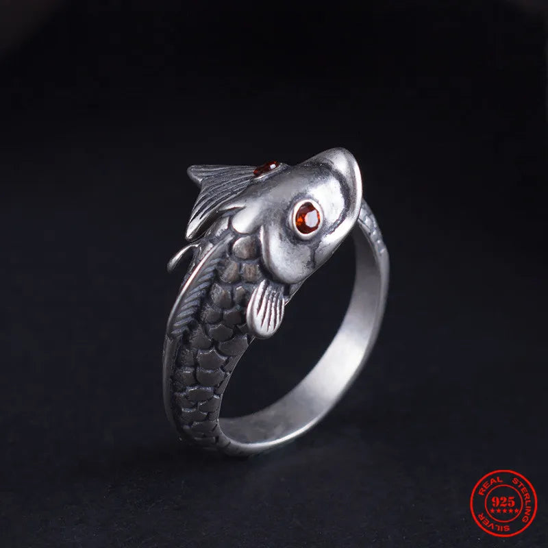 MKENDN Vintage Red Eyes 925 Sterling Silver Koi Adjustable Ring For Men Women Gothic Trendy Street Hip Hop Dark Jewelry