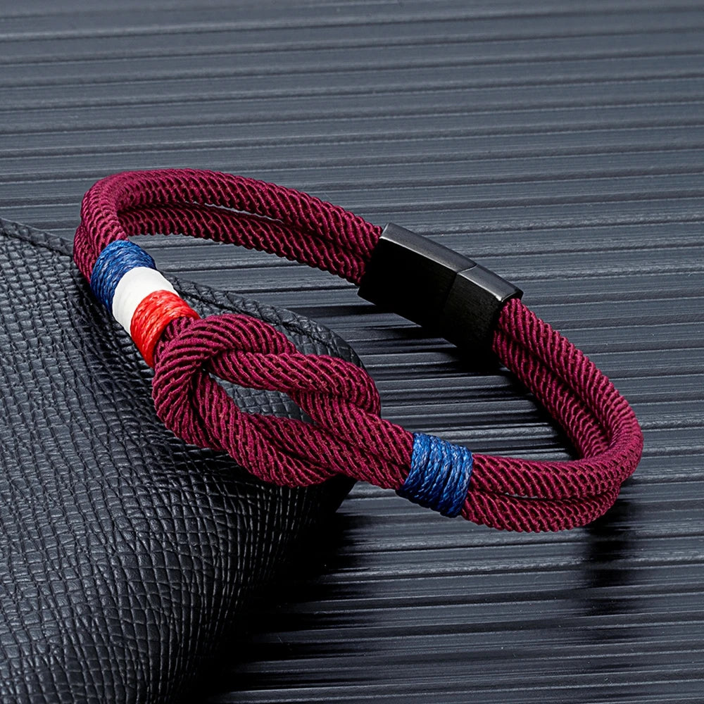 MKENDN Black Stainless Steel Square Knot Rope Bracelet Men Women Handmade Woven Double-Layer Design France Flag Couple Jewelry