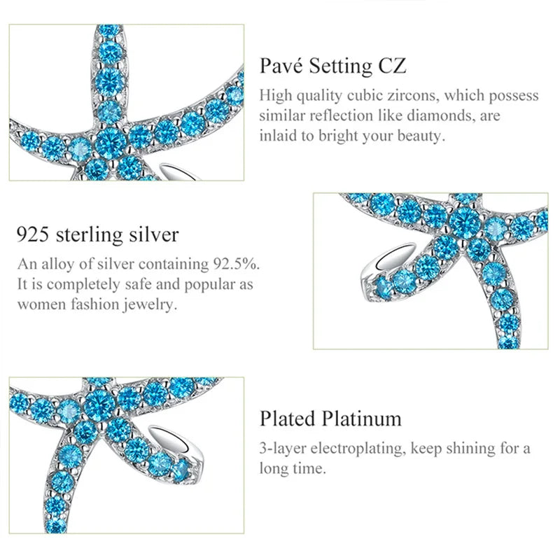 BISAER 925 Sterling Silver Starfish Earrings Blue Cubic Zircon Starfish Stud Earring For Women Beach Party Fine Jewelry EFE136