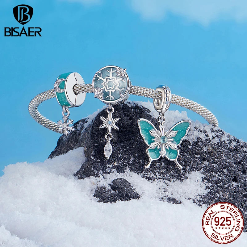 BISAER 925 Sterling Silver Crystal Snowflake Charm Bead Butterfly Snowflake Stopper Pendant for Women DIY Bracelets Fine Jewelry