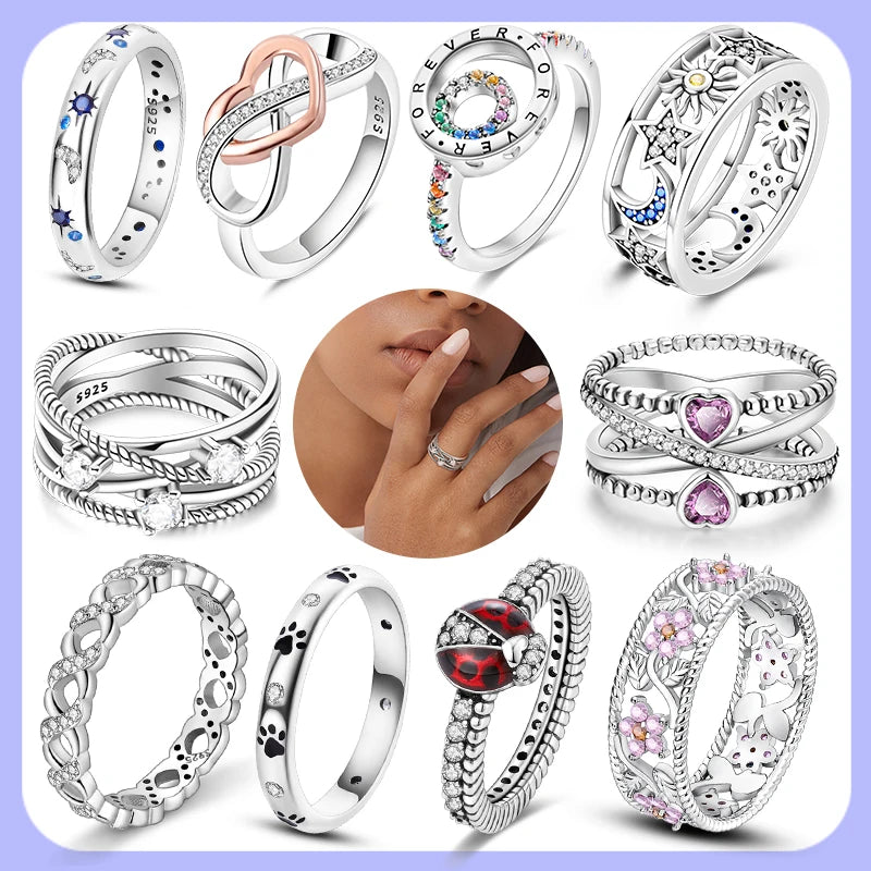 New 925 Sterling Silver Rings Simple Sparkling Stackable Original Rings For Women Anniversary Engagement Love Jewelry Gift