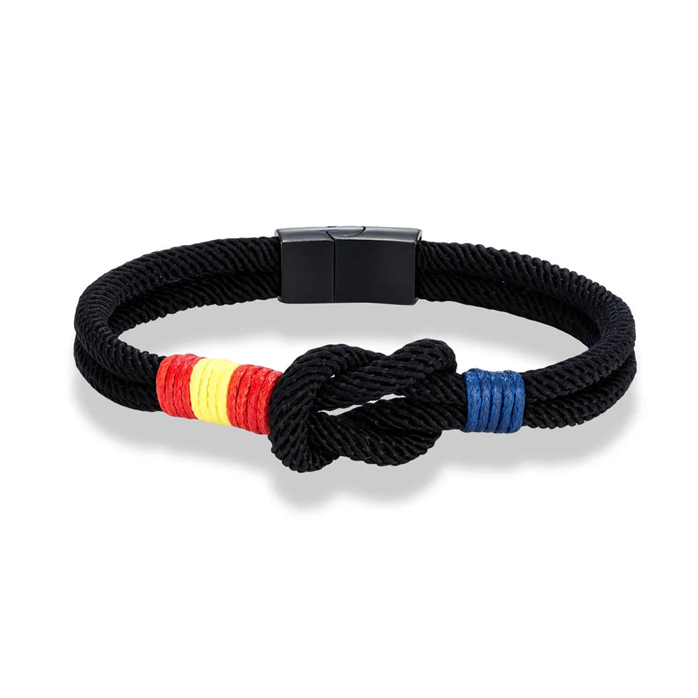 MKENDN Fashion Men Women Spain Flag Double Strand Nautical Rope Bracelet Brushed Black Stainless Steel Magnet Buckle Accessories