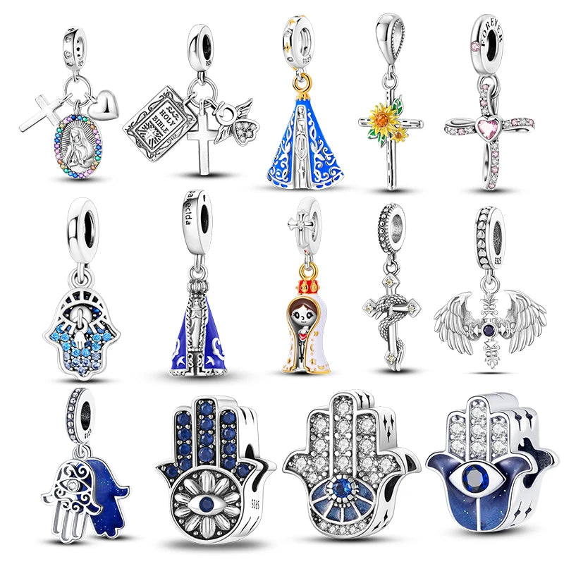 Devil's Eye Palm Charm Cross Amulet Charms Pendant Beads Fit Original Pandora Bracelet 925 Sterling Silver Jewelry DIY Making