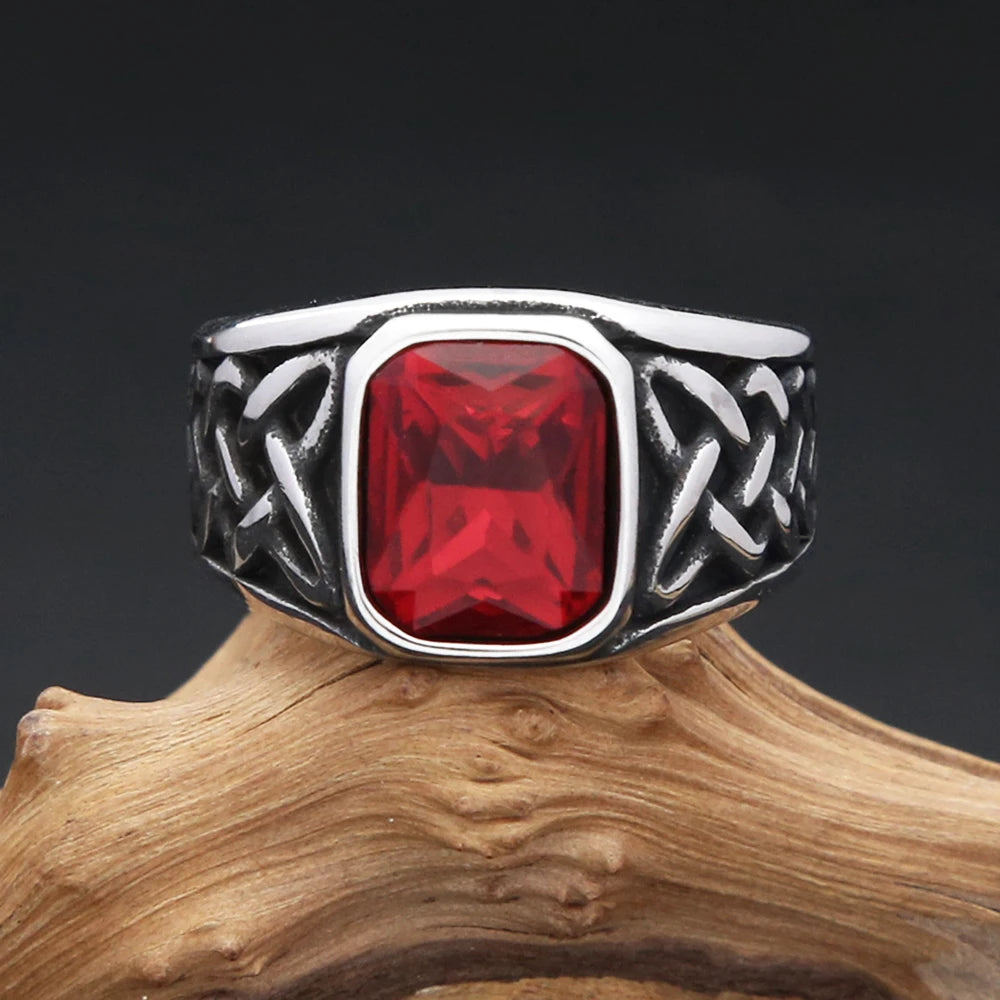 Punk Vintage Quadratischen Roten Stein Siegelringe Für Männer Frauen Edelstahl Nordic Vikings Knoten Rune Ring Modeschmuck Großhandel