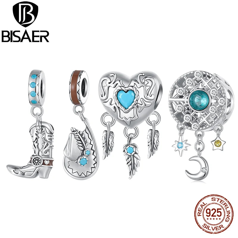 BISAER 100% 925 Sterling Vintage Western Cowboy Charm Bead Dream Catcher Colgante Fit Mujeres DIY Pulsera Joyería Fina ECC2567