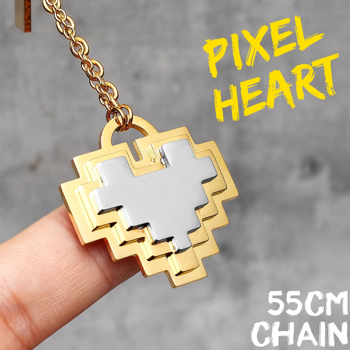 Collier avec pendentif en forme de cœur de style pixel pour homme, chaîne en acier inoxydable, style punk rock, créatif et stéréo, idéal comme cadeau pour homme