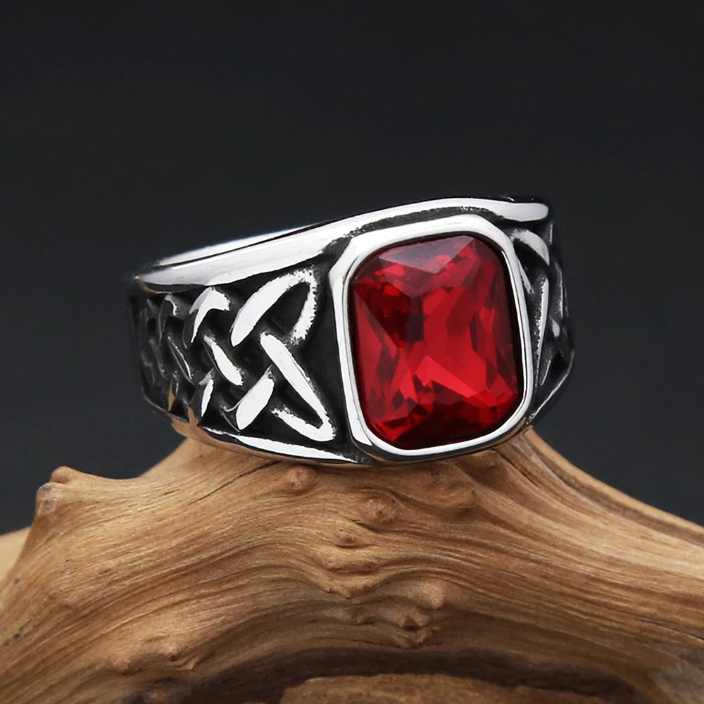 Punk Vintage Quadratischen Roten Stein Siegelringe Für Männer Frauen Edelstahl Nordic Vikings Knoten Rune Ring Modeschmuck Großhandel