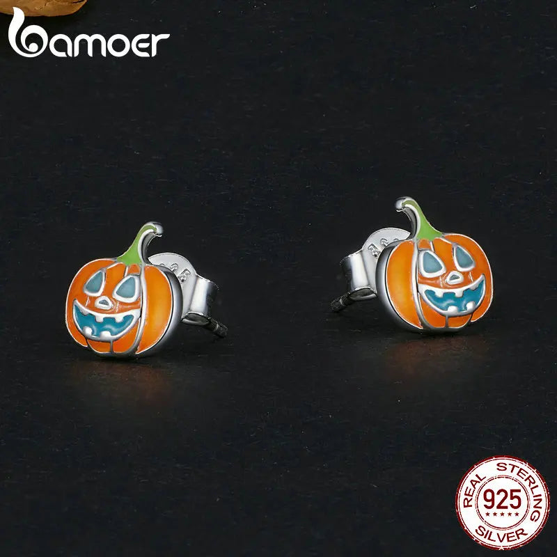 Bamoer 925 Sterling Silver Glow-in-the-dark Pumpkin Stud Earrings Luminous Earrings for Women Party Halloween Fine Jewelry