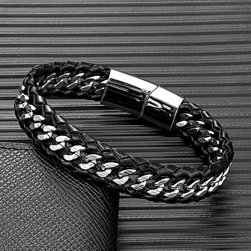 MKENDN Punk Cuban Link Chain Stainless Steel Bracelet Men Black Multilayer Braid Genuine Leather Bracelets Bicycle Jewelry