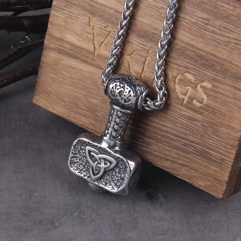 Fashion Valknut Viking Thor's Hammer Pendant Necklace With keel Chain As Men Gift with wooden box