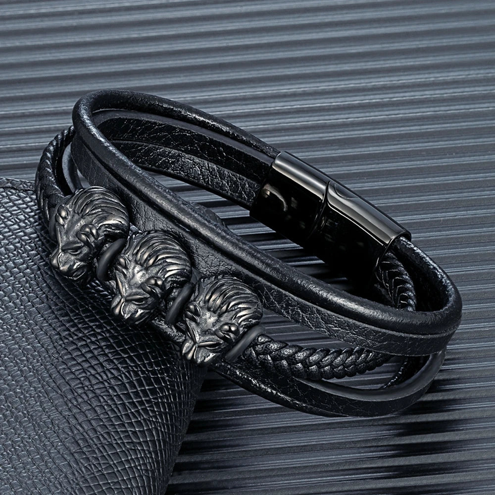 MKENDN Fashion Stainless Steel Charm Magnetic Black Genuine Leather Braided Bracelet 18k Plated Leo Lion Cuff Wristband Jewelry