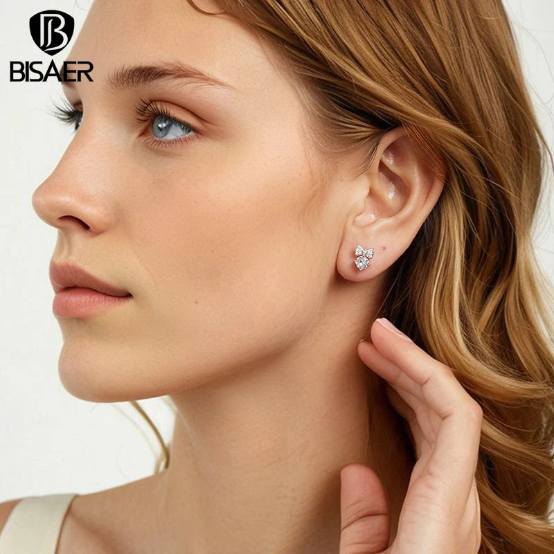 BISAER 925 Sterling Silver Bowknot Stud Earrings Sparkling Zircon Earrings Plated White Gold for Women Party Fine Jewelry Gift