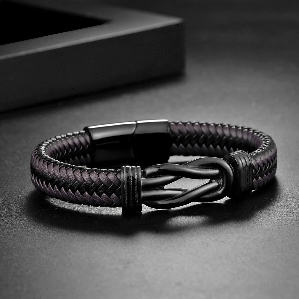 MKENDN Classic Infinity Bracelet for Men Brown Braided Leather Forever Linked Together Stainless Steel Jewelry Personalize Logo