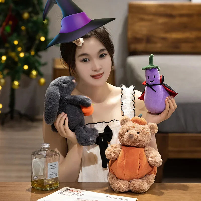 1pc Cute Black Rabbit Hold Pumpkin Plush Toys Soft Pumpkin Bear Earphone &cloak Eggplant Stuffed Doll Halloween Trick or Treat