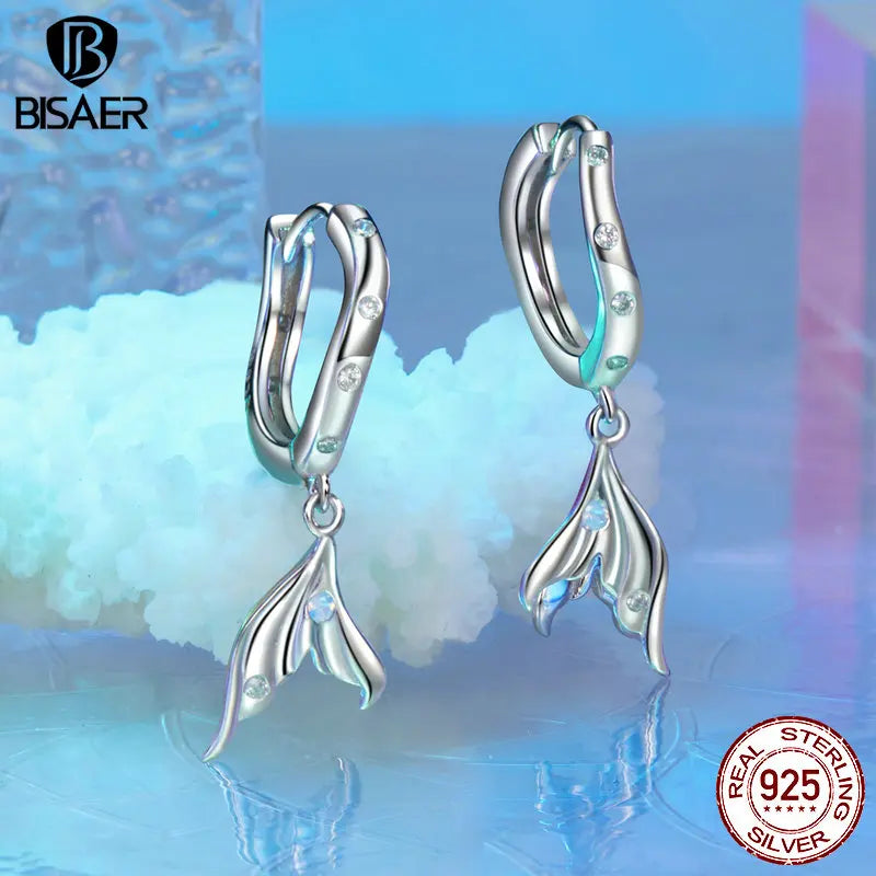 BISAER 100% 925 Sterling Silver Fish Tail Hoop Earrings For Beach Party Women Blue Zircon Earring Plated White Gold Fine Jewelry