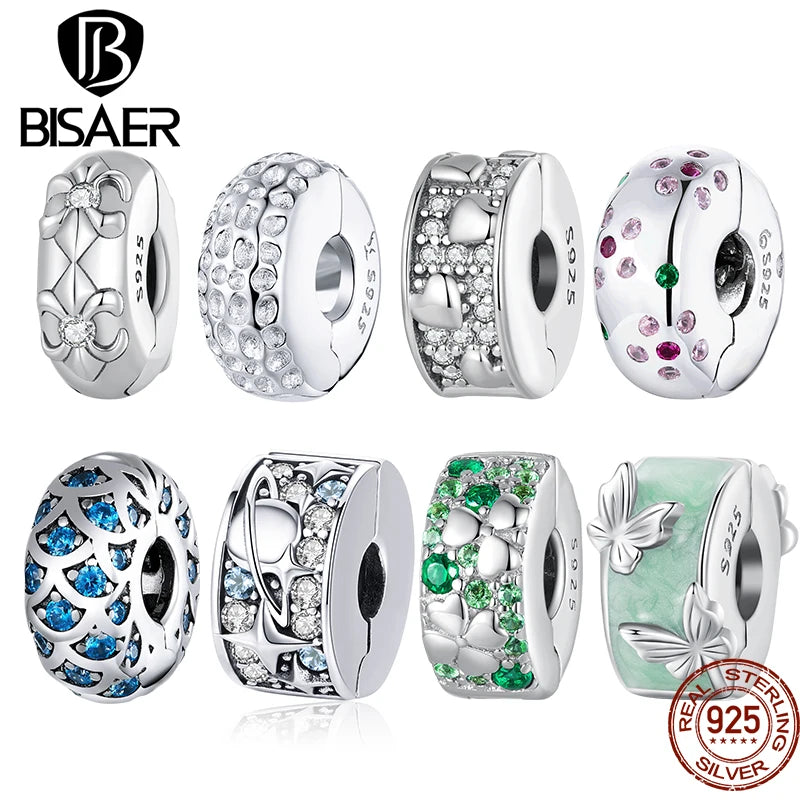 BISAER 925 Sterling Silver Big Clip Spacer Charm Open Lock Stopper Bead Plated Platinum Women for DIY Bracelet Fine Jewelry Gift