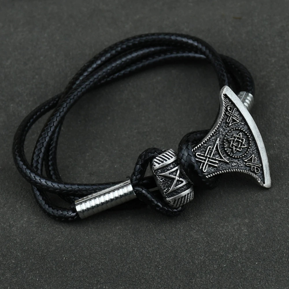 Leather Rope Bracelet Thor Hammer Pendant Axe Bracelet Gothic Men's Viking Bracelet