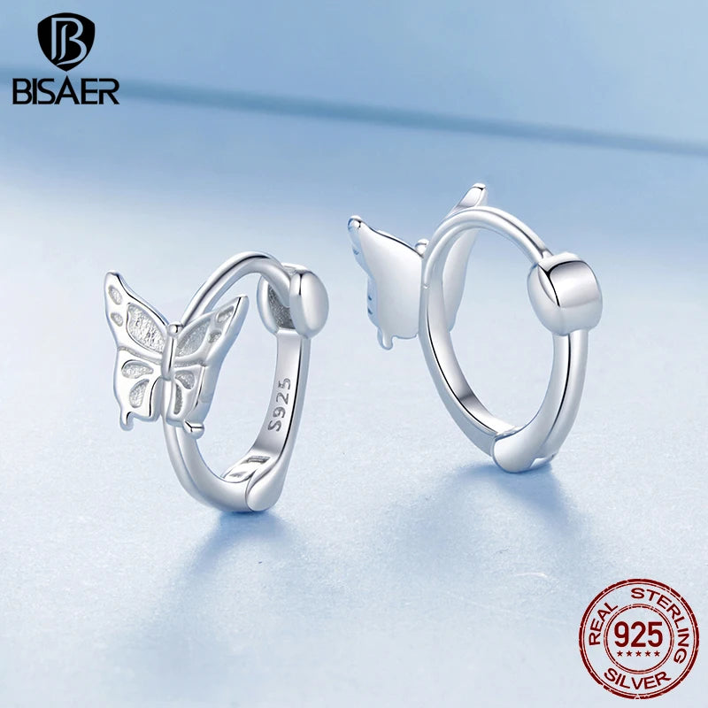 BISAER 925 Sterling Silver Butterfly Ear Buckles Round Hoop Earrings Plated White Gold for Elegant Women Original Fine Jewelry