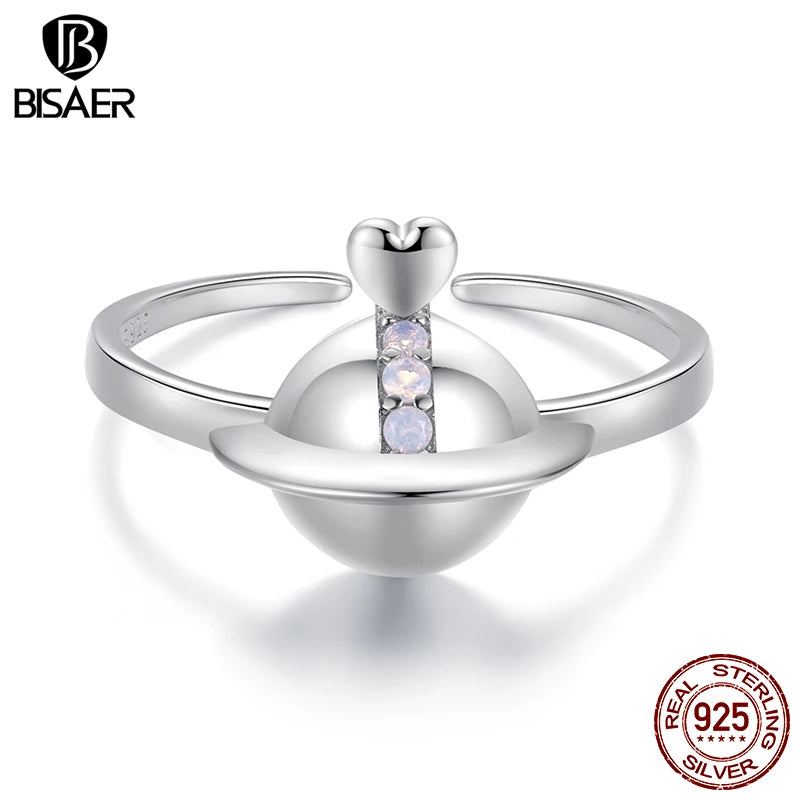 BISAER 925 Sterling Silver Heart Planet Open Ring Adjustable Size Band Plated White Gold for Romantic Women Party Fine Jewelry