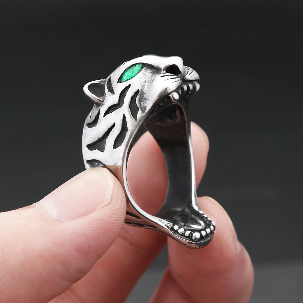 Vintage Punk Tiger Ring With Green Stone Eyes Stainless Steel Hip Hop Biker Animal Rings For Men Party Jewelry Gift Dropshipping